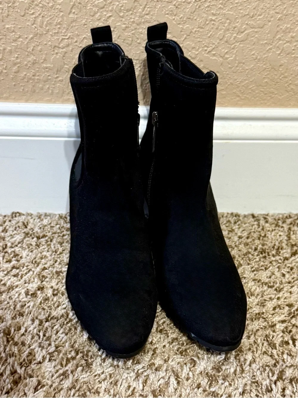 Anne Klein Black Suede Wedge Ankle Boots with Side Zips
